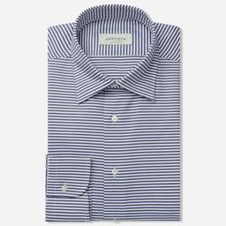 Shirt  striped  navy blue cotton oxford double twisted, collar style  hidden button down collar - Product thumbnail image 1 showing different views and angles