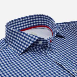 Shirt  gingham check  navy blue cotton zephyr, collar style  spread collar - Product thumbnail image 2 showing different views and angles
