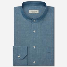 Shirt  solid  navy blue linen denim normandy linen, collar style  band collar - Product thumbnail image 1 showing different views and angles
