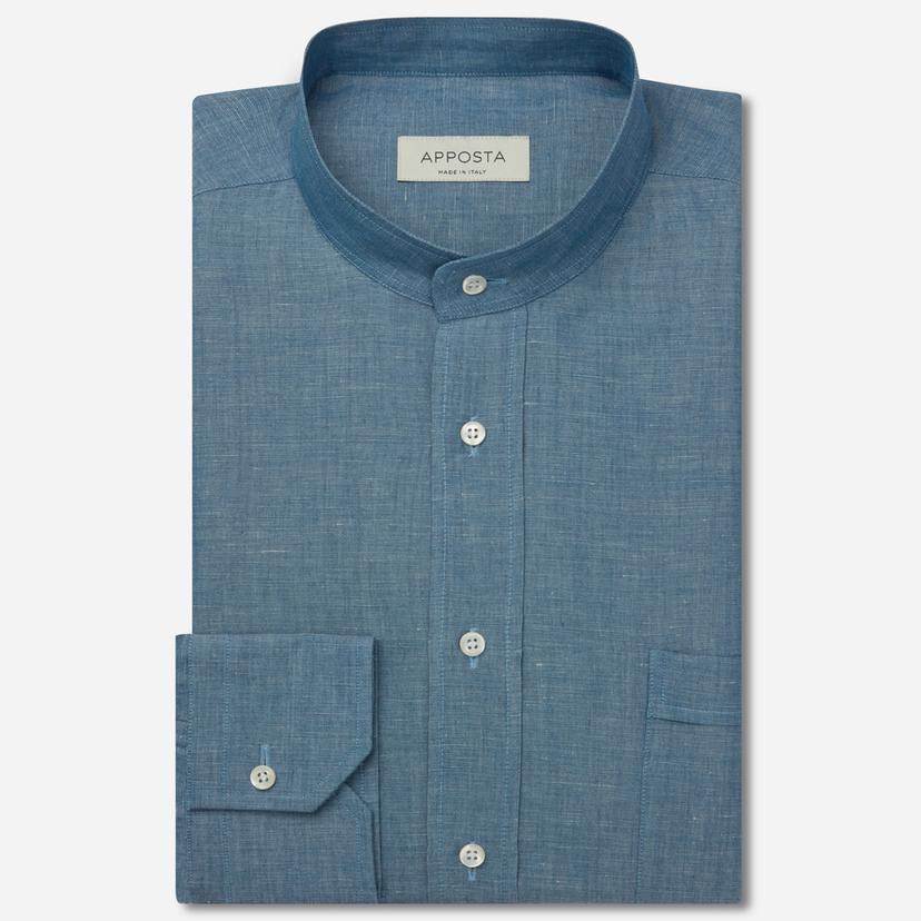 Shirt  solid  navy blue linen denim normandy linen, collar style  band collar - Product image
