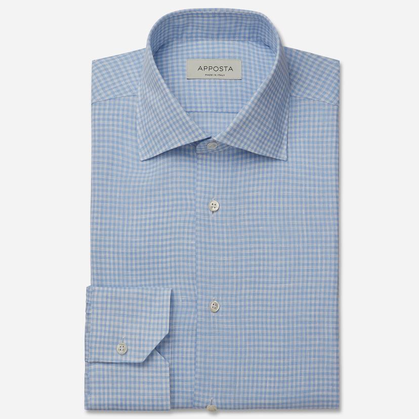 Shirt  small check  light blue linen plain normandy linen, collar style  semi-spread collar - Product image