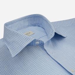 Shirt  small check  light blue linen plain normandy linen, collar style  semi-spread collar - Product thumbnail image 2 showing different views and angles