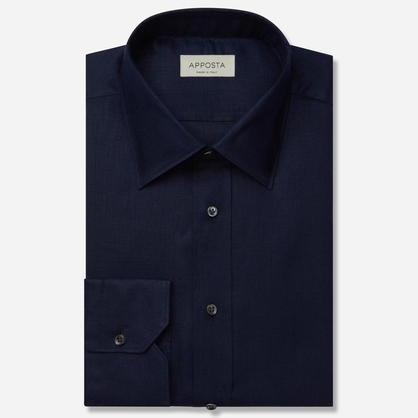 Shirt  solid  navy blue linen plain, collar style  low straight point collar - Product image