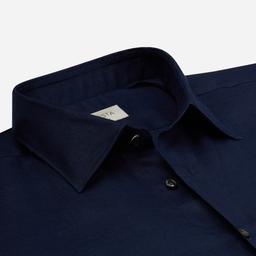 Shirt  solid  navy blue linen plain, collar style  low straight point collar - Product thumbnail image 2 showing different views and angles