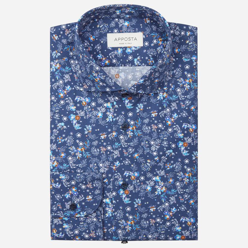 Shirt  floral  navy blue cotton poplin, collar style  lower spread collar - Product image