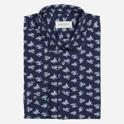 Shirt  floral  navy blue cotton seersucker, collar style  updated straight point collar with short points - Product thumbnail image 1 showing different views and angles