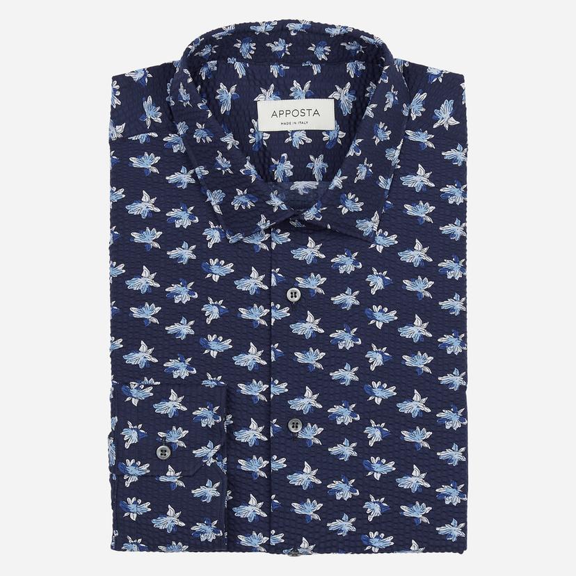 Shirt  floral  navy blue cotton seersucker, collar style  updated straight point collar with short points - Product image