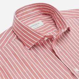 Shirt  striped  red cotton oxford, collar style  updated spread collar with short points - Product thumbnail image 2 showing different views and angles