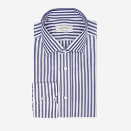 Shirt  striped  navy blue cotton-linen plain, collar style  updated spread collar with short points - Product thumbnail image 1 showing different views and angles