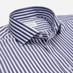 Shirt  striped  navy blue cotton-linen plain, collar style  updated spread collar with short points - Product thumbnail image 2 showing different views and angles
