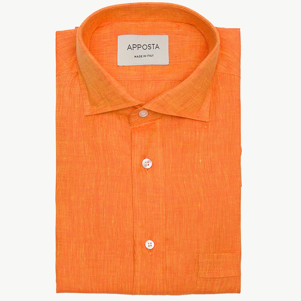 Shirt  solid  orange linen zephyr, collar style  updated spread collar with short points - High quality product image showing Shirt  solid  orange linen zephyr, collar style  updated spread collar with short points details and features