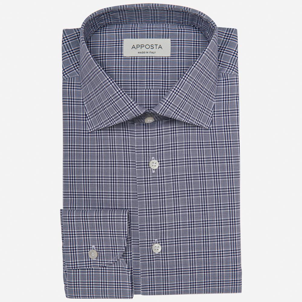 Shirt  prince of wales check  navy blue cotton zephyr, collar style  semi-spread collar - High quality product image showing Shirt  prince of wales check  navy blue cotton zephyr, collar style  semi-spread collar details and features