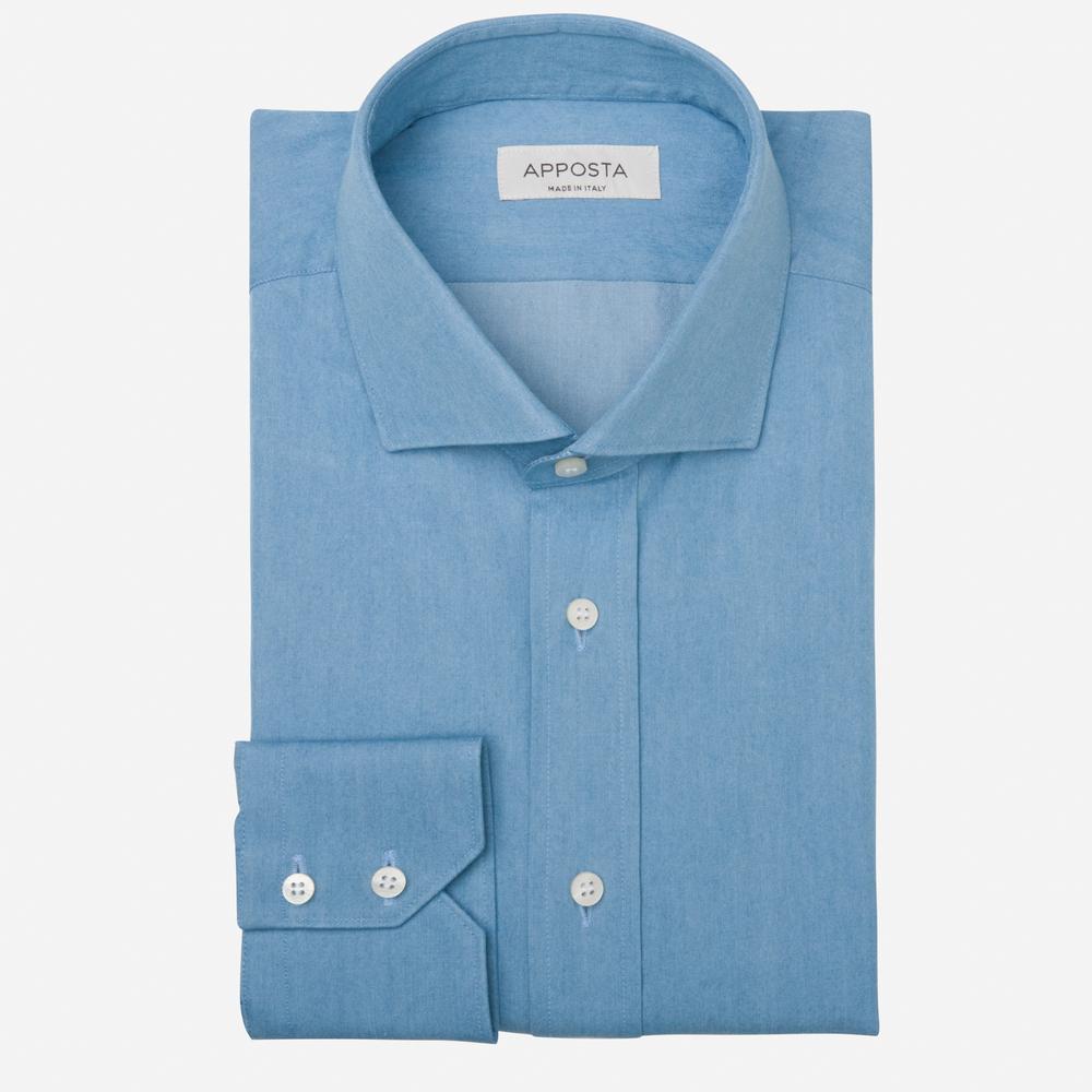 Shirt  solid  light blue cotton denim, collar style  updated spread collar with short points - High quality product image showing Shirt  solid  light blue cotton denim, collar style  updated spread collar with short points details and features
