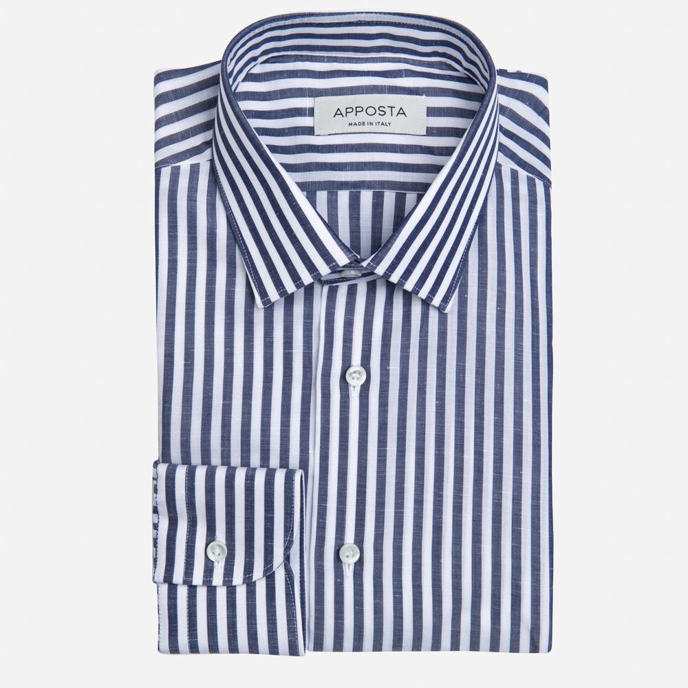 Shirt  striped  navy blue cotton-linen plain, collar style  updated straight point collar with short points - High quality product image showing Shirt  striped  navy blue cotton-linen plain, collar style  updated straight point collar with short points details and features