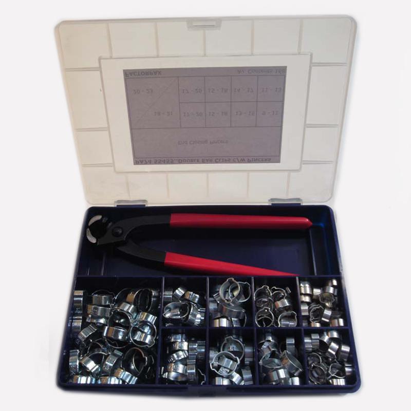 Kits - Clips & Clamps Double Ear Clamps 9-11 to 20-23mm plus End Closing Pincers - High quality product image showing Kits - Clips & Clamps Double Ear Clamps 9-11 to 20-23mm plus End Closing Pincers details and features