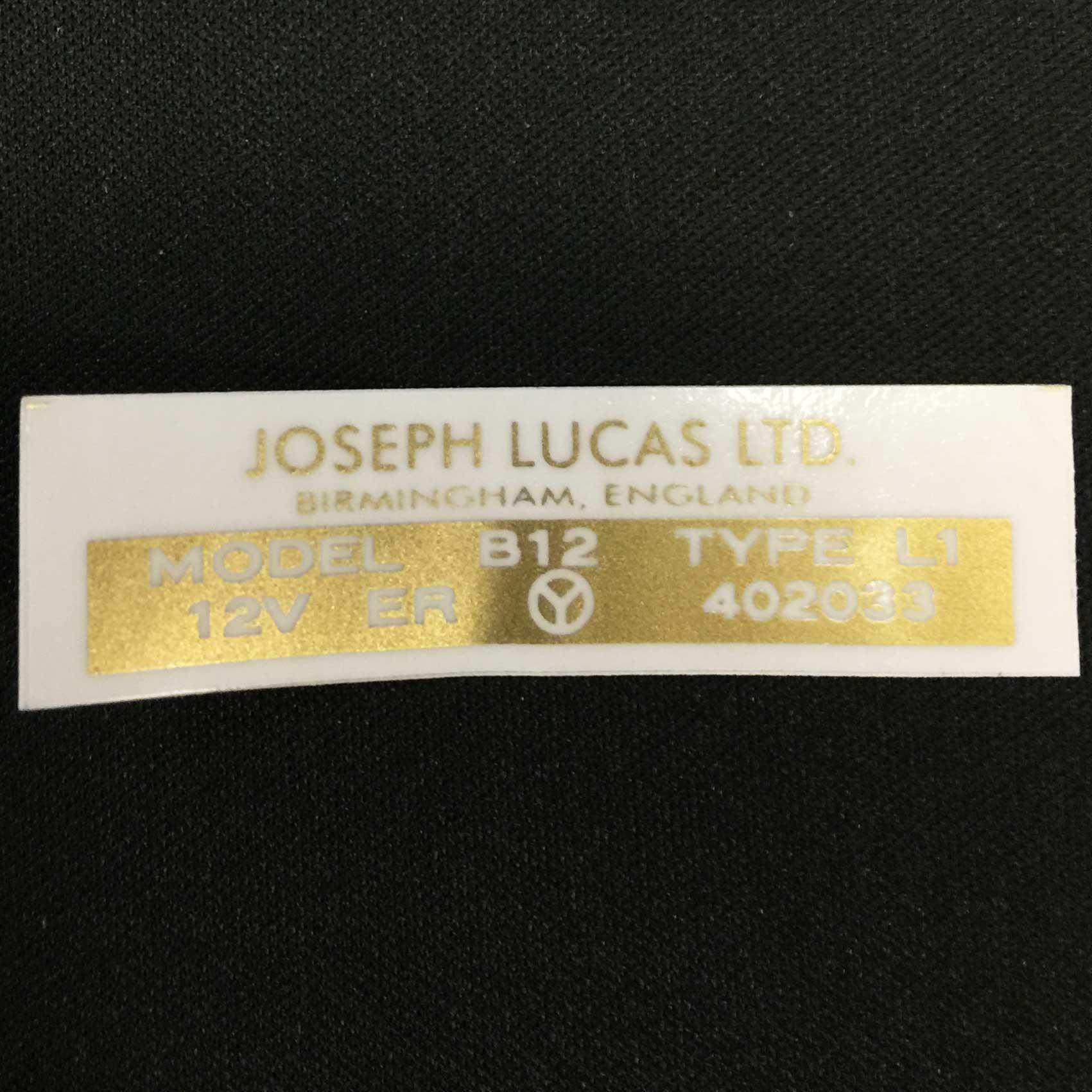 Joseph Lucas Ltd England Gold B12 12V Coil Label 402033 Classic Vintage Sticker - High quality product image showing Joseph Lucas Ltd England Gold B12 12V Coil Label 402033 Classic Vintage Sticker details and features