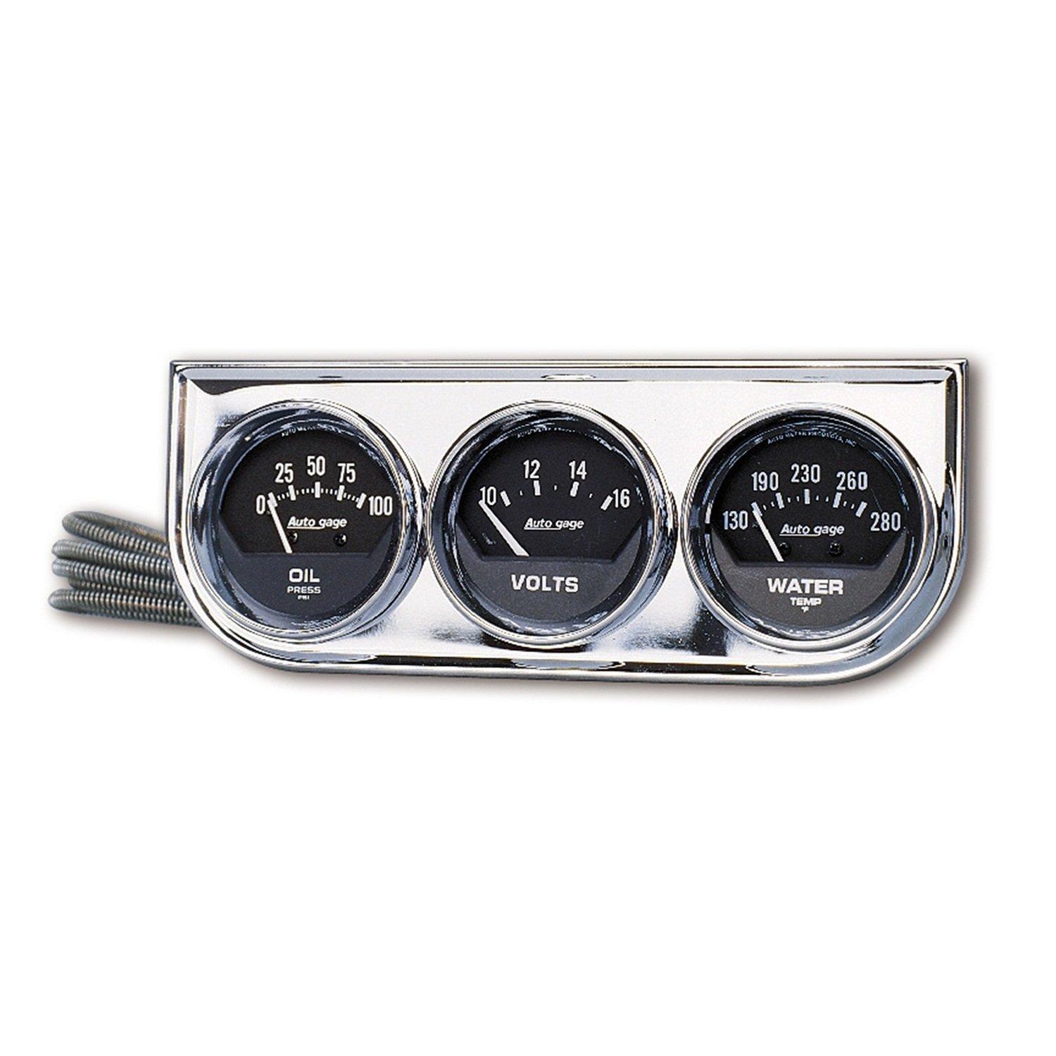 AUTO METER 2349 Autogage Black Oil/Water/Volt Gauge with Chrome Console Regular, 2.3125 in. - High quality product image showing AUTO METER 2349 Autogage Black Oil/Water/Volt Gauge with Chrome Console Regular, 2.3125 in. details and features