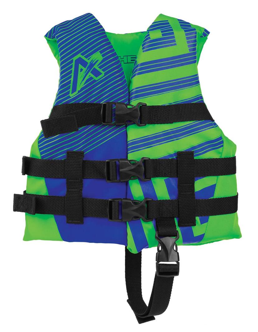 AIRHEAD 30081-02-A-LG Personal Floatation Device; Life Vest; Fits Chest Sizes 22 Inch To 25 Inch And For Body Weight 30 To 50 Pounds; Harmonized U S Coast Guard And Transport Canada Approved;Child; Soft Woven Polyester; Blue/ Green; Single; With Leg Stra