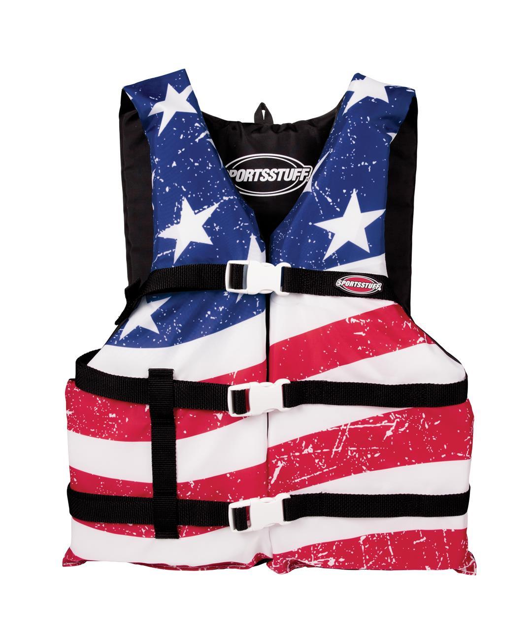 AIRHEAD 3009816AUS SPORTSTUFF Stars and Stripes Life Jacket, US Coast Guard Approved, Type III, Adult, Child, Youth Sizes - High quality product image showing AIRHEAD 3009816AUS SPORTSTUFF Stars and Stripes Life Jacket, US Coast Guard Approved, Type III, Adult, Child, Youth Sizes details and features