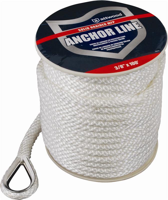 ATTWOOD 117241 11724-1 Solid Braid Multifilament Polypropylene Anchor Line with Thimble 3/8-Inch x 100-Feet, White - The Twister Group Tools product