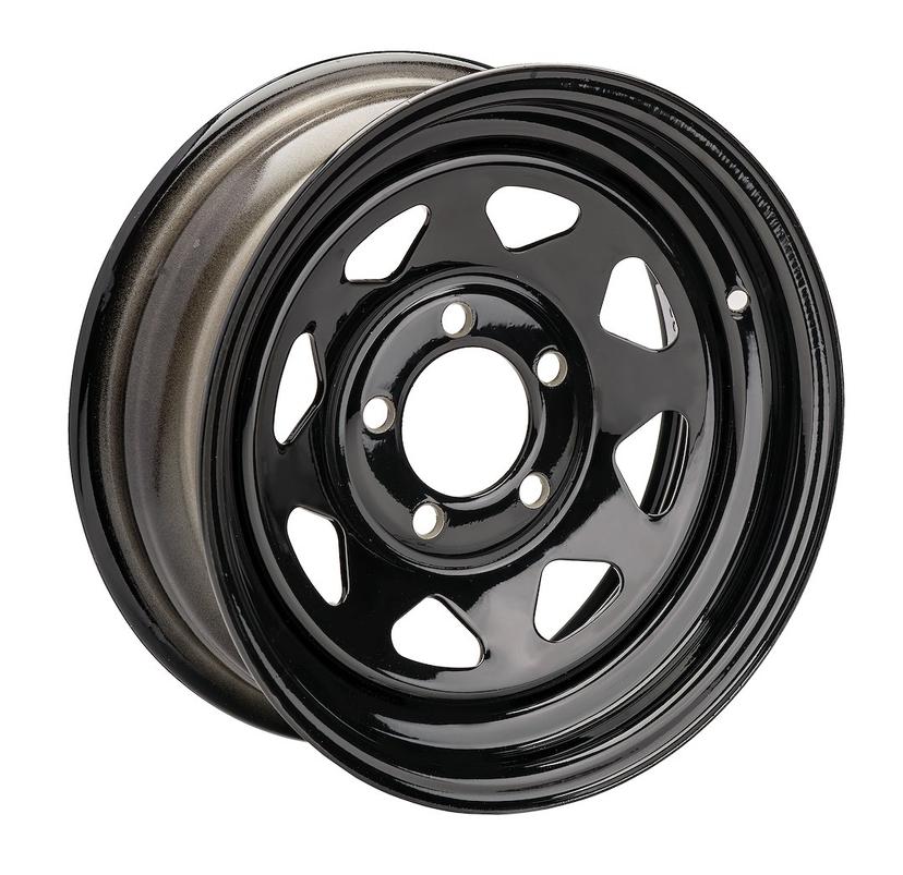 AMERICANA 20353 14X5.5 SPK 5H-4.5 BLACK, 14 Inch Diameter x 5.5 Inch Width; 5 x 114.3 Millimeter/ 5 x 4.50 Inch Bolt Pattern; 0 Millimeter Offset; 3.25 Inch Backspacing; 60 Degree Conical Seat Lug; 81.02 Millimeter Center Bore; 8 Spoke