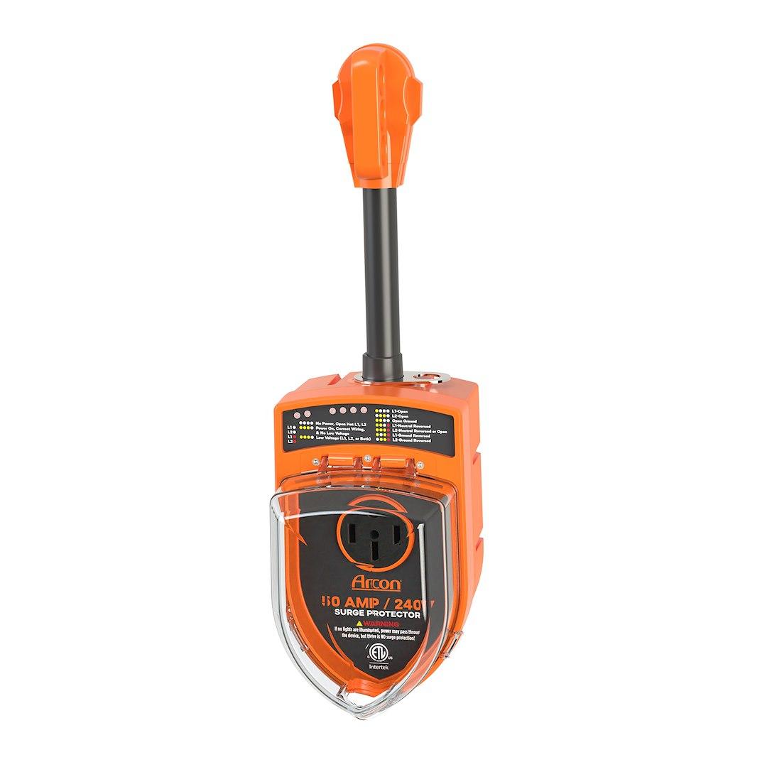 ARCON 19759 SURGE PROTECTOR 50A 240V CETL CERT, CETL Certified; Protect From Power Surges When Connected To Campground Power Supply; Indicates Low Voltage Conditions; Portable; With Fault Indicator Lights; 50 Amp; 240 Volt; With Plug Head Handle Grip - The Twister Group Tools product
