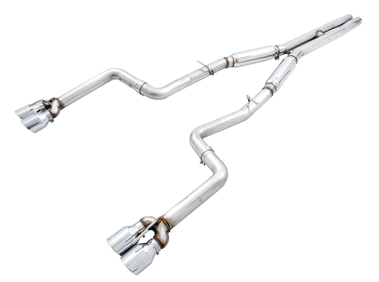 AWE 3015-42136 Exhaust System Kit; Track Edition Cat-Back System; Stainless Steel; Without Muffler; Dual Exhaust; Rear Exit; 4.5 Inch Chrome Silver Quad Tips - High quality product image showing AWE 3015-42136 Exhaust System Kit; Track Edition Cat-Back System; Stainless Steel; Without Muffler; Dual Exhaust; Rear Exit; 4.5 Inch Chrome Silver Quad Tips details and features