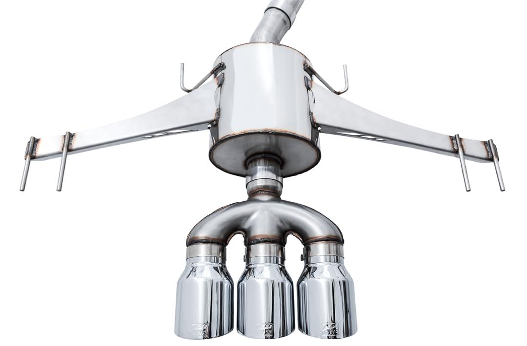 AWE 3015-52004 Exhaust System Kit; Touring Edition Cat-Back System; Stainless Steel; Without Muffler; Single Exhaust With Triple Exit; Rear Exit; 4.5 Inch Chrome Silver Tip; With Front Pipe - High quality product image showing AWE 3015-52004 Exhaust System Kit; Touring Edition Cat-Back System; Stainless Steel; Without Muffler; Single Exhaust With Triple Exit; Rear Exit; 4.5 Inch Chrome Silver Tip; With Front Pipe details and features