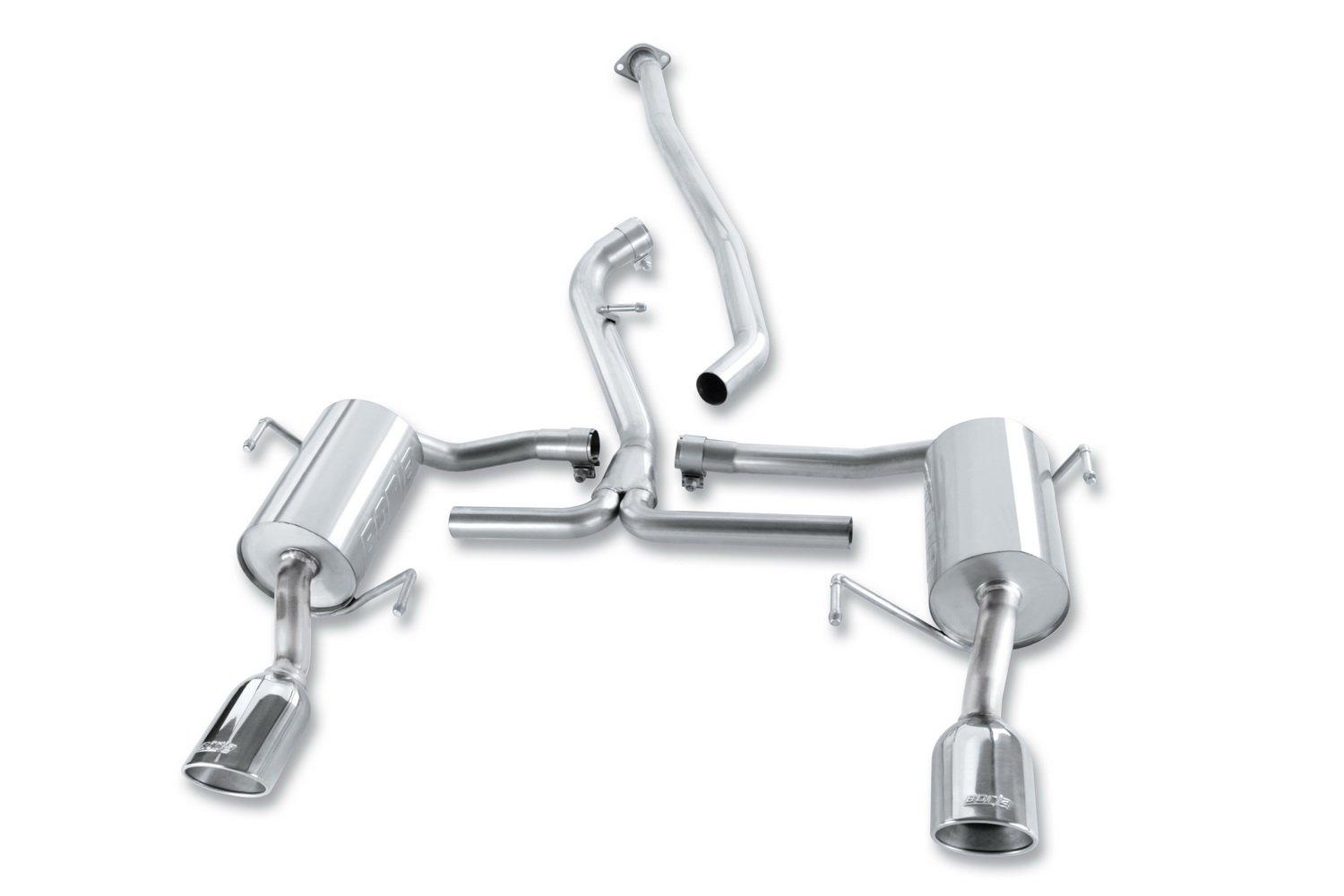 BORLA 140324 Exhaust System Kit; Cat-Back System; T-304 Stainless Steel; With Mufflers; 2-1/4 Inch To 2 Inch Pipe Diameter; Single Exhaust With Dual Exit; Split Rear Exit; 4-1/4 Inch x 3-1/2 Inch Oval Polished T-304 Stainless Steel Tip - High quality product image showing BORLA 140324 Exhaust System Kit; Cat-Back System; T-304 Stainless Steel; With Mufflers; 2-1/4 Inch To 2 Inch Pipe Diameter; Single Exhaust With Dual Exit; Split Rear Exit; 4-1/4 Inch x 3-1/2 Inch Oval Polished T-304 Stainless Steel Tip details and features