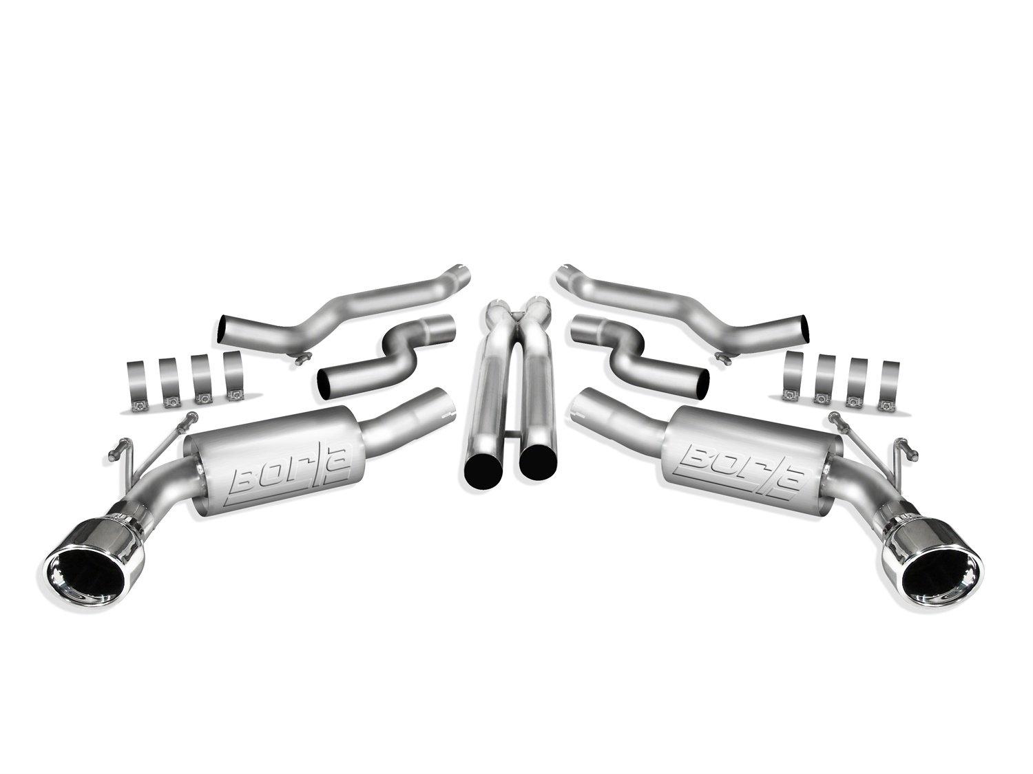 BORLA 140356 Cat-Back Perf. Exhaust System for 2010-2013 Chevrolet Camaro SS V8 T-304 Stainless Steel ATAK Sound Dual Split Rear Exit Single 4.5 INCH Round Polished T-304 Stainless Steel Tips Each Side - High quality product image showing BORLA 140356 Cat-Back Perf. Exhaust System for 2010-2013 Chevrolet Camaro SS V8 T-304 Stainless Steel ATAK Sound Dual Split Rear Exit Single 4.5 INCH Round Polished T-304 Stainless Steel Tips Each Side details and features