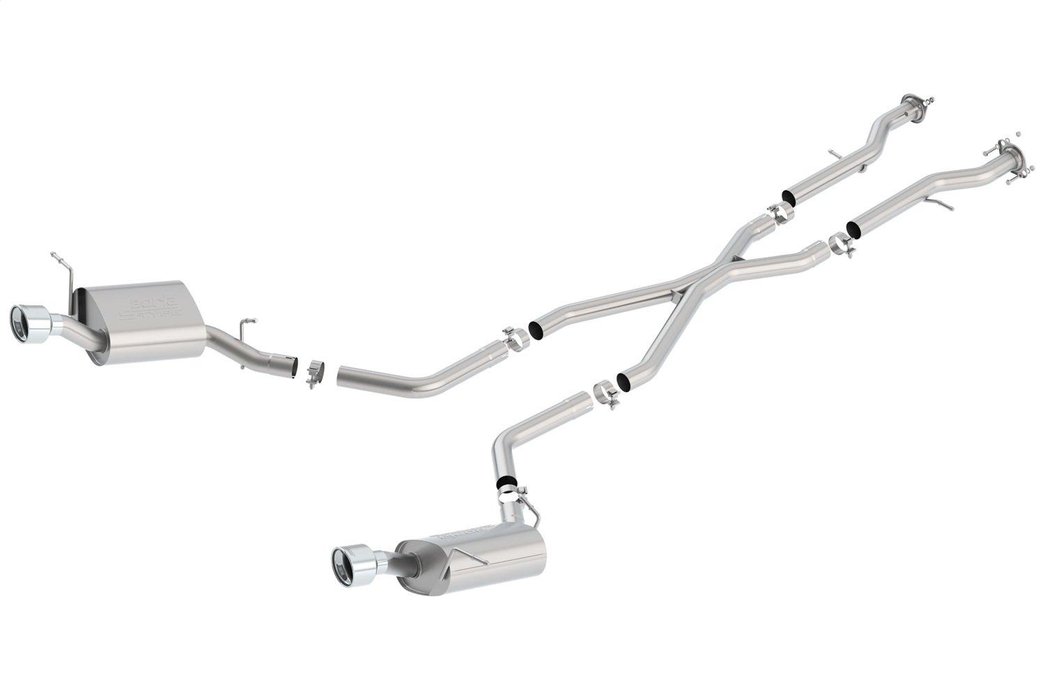 BORLA 140449 Exhaust System Kit; Cat-Back System; T-304 Stainless Steel; With Mufflers; 2-1/2 Inch Pipe Diameter; Dual Exhaust With Dual Exit; Rear Exit; 4 Inch Diameter x 6 Inch Length Round Polished T-304 Stainless Steel Tip - High quality product image showing BORLA 140449 Exhaust System Kit; Cat-Back System; T-304 Stainless Steel; With Mufflers; 2-1/2 Inch Pipe Diameter; Dual Exhaust With Dual Exit; Rear Exit; 4 Inch Diameter x 6 Inch Length Round Polished T-304 Stainless Steel Tip details and features