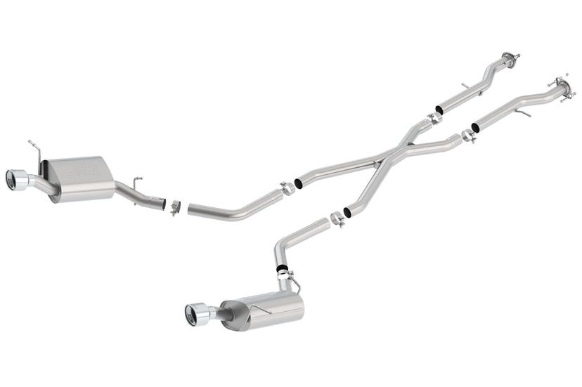 BORLA 140449 Exhaust System Kit; Cat-Back System; T-304 Stainless Steel; With Mufflers; 2-1/2 Inch Pipe Diameter; Dual Exhaust With Dual Exit; Rear Exit; 4 Inch Diameter x 6 Inch Length Round Polished T-304 Stainless Steel Tip