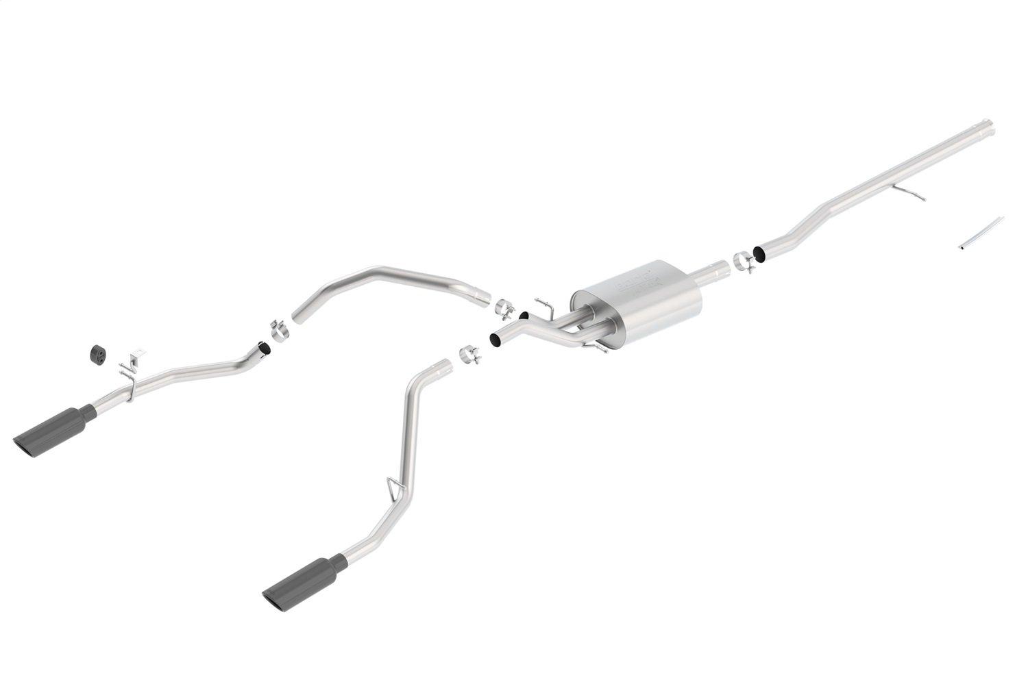 BORLA 140537BC Cat-Back Perf. Exh. Sys. for 14-18 Chevrolet Silverado 1500/ GMC Sierra 1500/ 19 Silverado & Sierra 1500 LD ONLY V8 ATAK Dual Split Rear Exit 4 INCH Rnd. Black Chrome Tips - High quality product image showing BORLA 140537BC Cat-Back Perf. Exh. Sys. for 14-18 Chevrolet Silverado 1500/ GMC Sierra 1500/ 19 Silverado & Sierra 1500 LD ONLY V8 ATAK Dual Split Rear Exit 4 INCH Rnd. Black Chrome Tips details and features