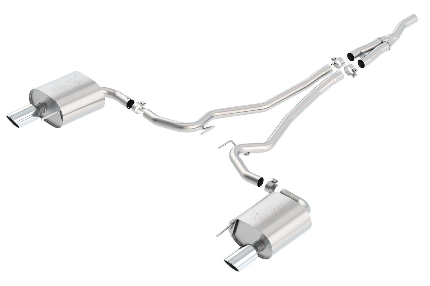 BORLA 140585 Cat-Back Performance Exhaust System for 2015-2023 Ford Mustang 4 Cyl. T-304 Stainless Steel ATAK Sound Dual Split Rear Exit Single 4 INCH Round Chrome Tips On Each Side - High quality product image showing BORLA 140585 Cat-Back Performance Exhaust System for 2015-2023 Ford Mustang 4 Cyl. T-304 Stainless Steel ATAK Sound Dual Split Rear Exit Single 4 INCH Round Chrome Tips On Each Side details and features