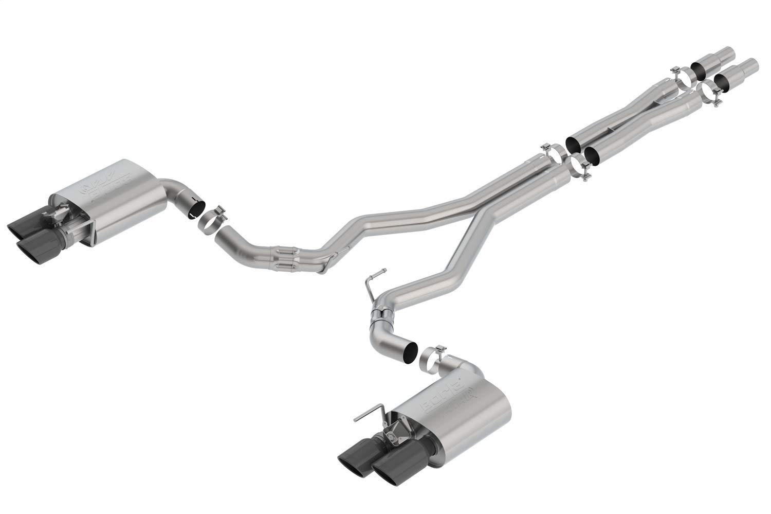 BORLA 140743BC Cat-Back Performance Exhaust System for 2018-2023 Ford Mustang GT V8 T-304 Stainless Steel ATAK Sound Dual Split Rear Exit Dual 4 INCH Round Black Chrome Tips On Each Side - High quality product image showing BORLA 140743BC Cat-Back Performance Exhaust System for 2018-2023 Ford Mustang GT V8 T-304 Stainless Steel ATAK Sound Dual Split Rear Exit Dual 4 INCH Round Black Chrome Tips On Each Side details and features