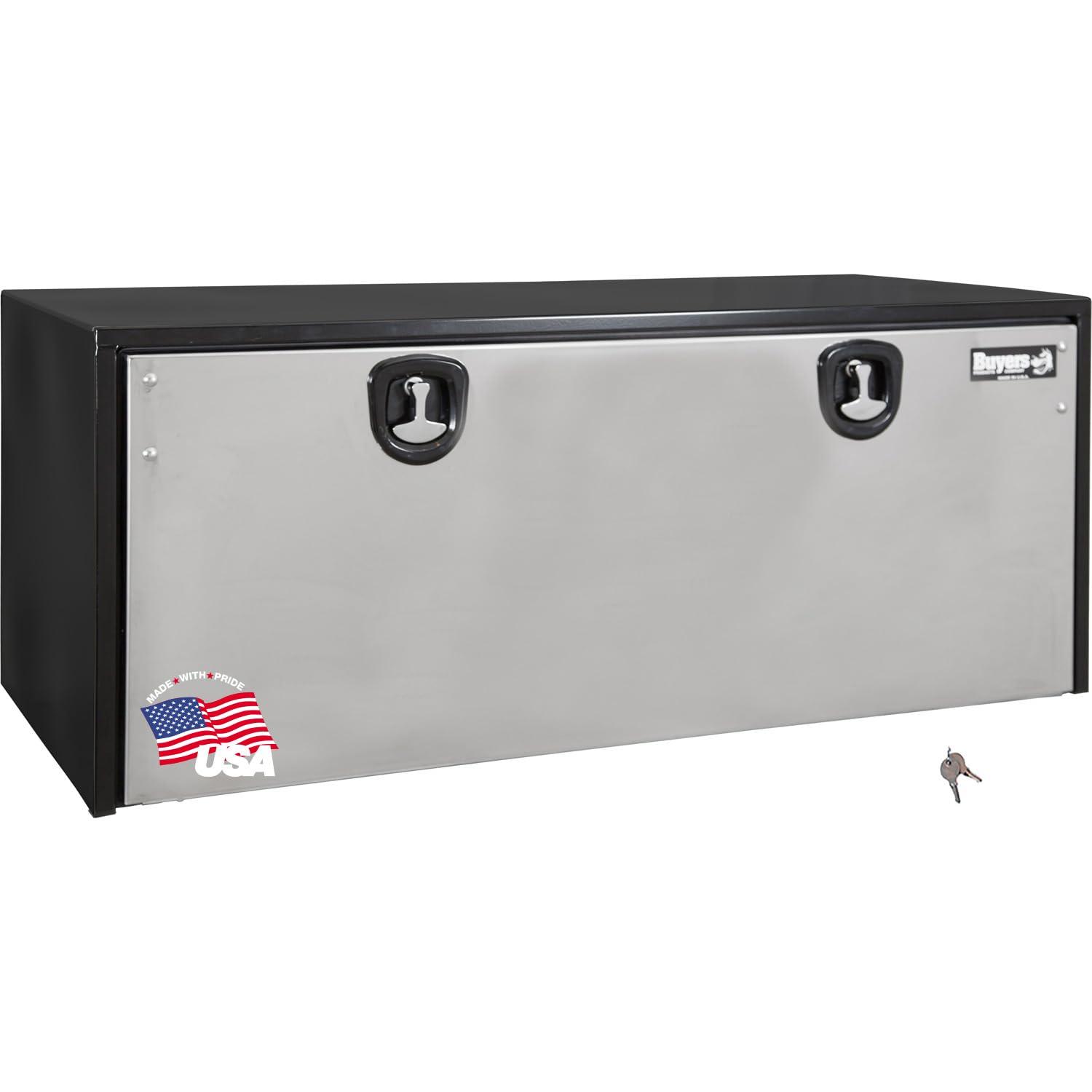 BUYERS PROD 1702710 Black Steel Underbody Truck Box With Silver Polished Stainless Steel Door, 18 x 18 x 48 Inch, Made In The USA, Truck Tool Box Organizer With Storage, Job Box For Work Truck - High quality product image showing BUYERS PROD 1702710 Black Steel Underbody Truck Box With Silver Polished Stainless Steel Door, 18 x 18 x 48 Inch, Made In The USA, Truck Tool Box Organizer With Storage, Job Box For Work Truck details and features