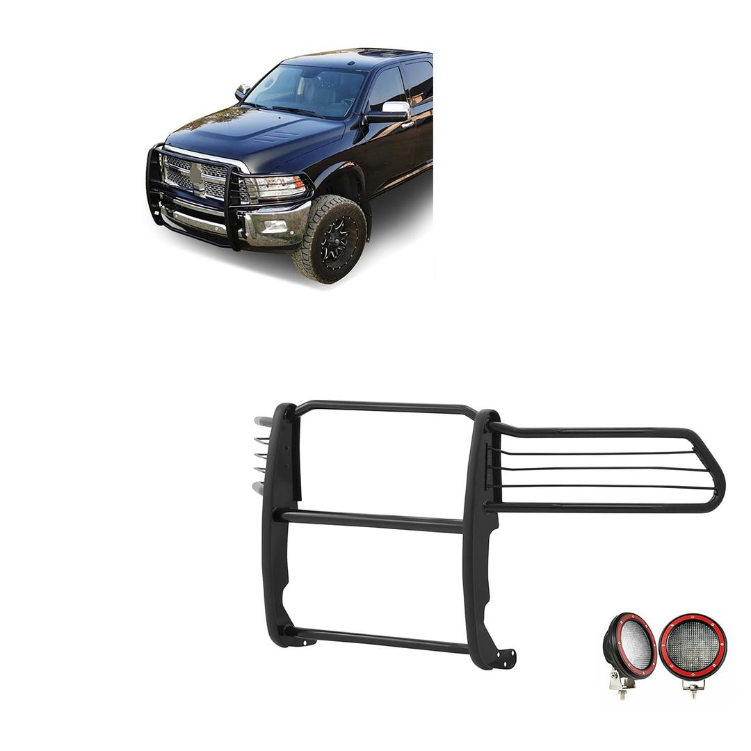 BLACK HORSE 17DR01MA-PLFR Grille brush Bumper Guard Modular Black Come With Pair of 5.3 INCH Dia.LED Lights with Red Trim Rings Compatible with 2010-2018 Ram 2500|2011-2018 Ram 3500 - The Twister Group Tools product