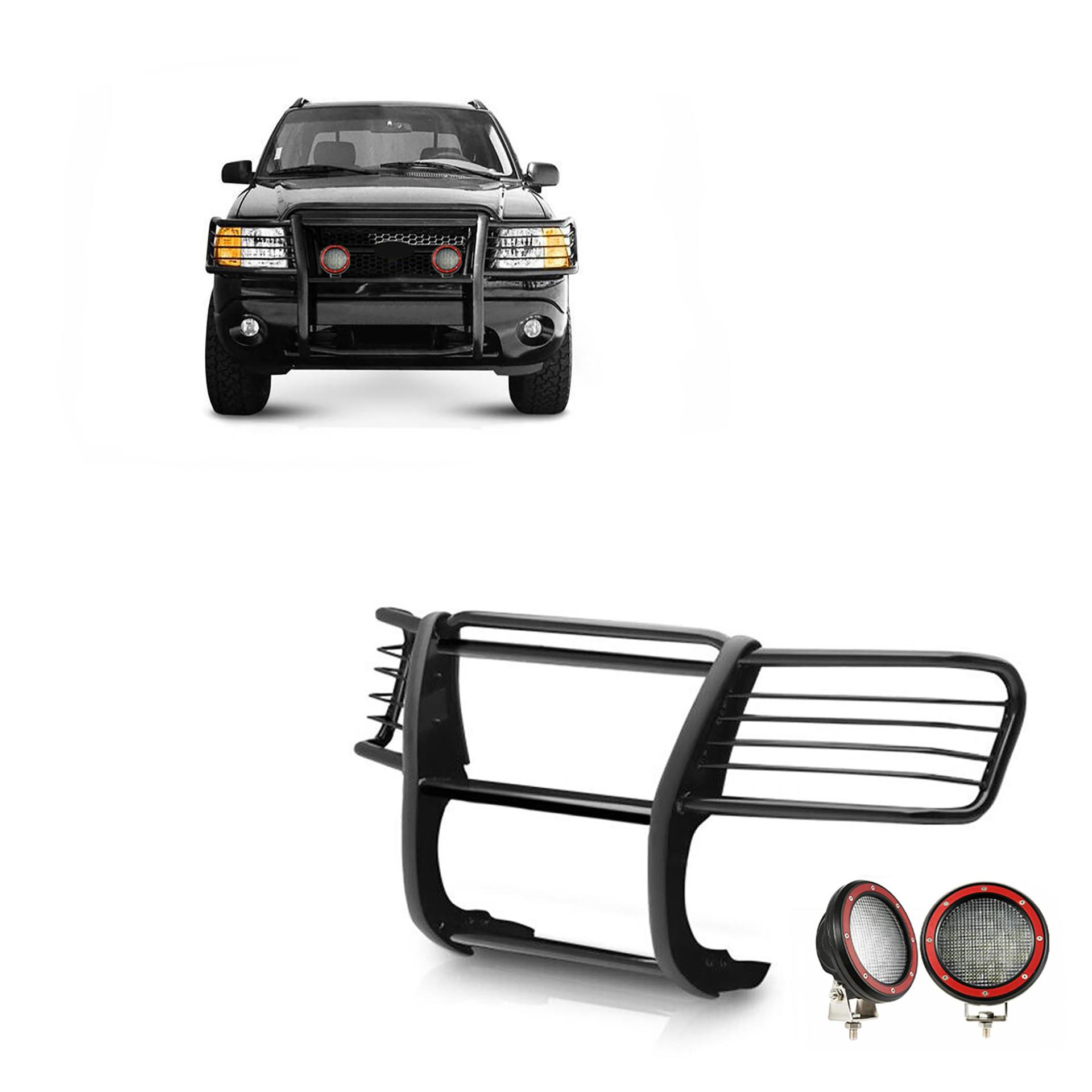 BLACK HORSE 17FJ26MA-PLFR Grille brush Bumper Guard Modular Black Come With Pair of 5.3 INCH Dia.LED Lights with Red Trim Rings Compatible with 2002-2005 Ford Explorer - High quality product image showing BLACK HORSE 17FJ26MA-PLFR Grille brush Bumper Guard Modular Black Come With Pair of 5.3 INCH Dia.LED Lights with Red Trim Rings Compatible with 2002-2005 Ford Explorer details and features
