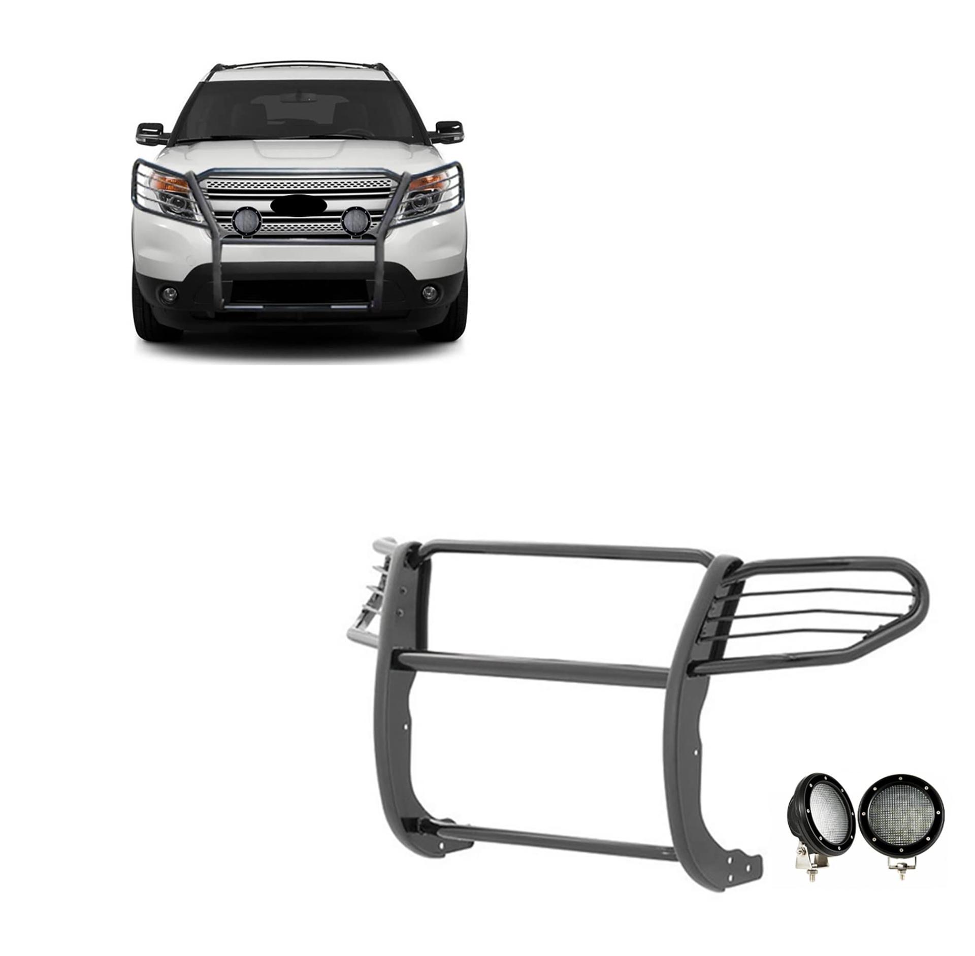 BLACK HORSE 17FJ28MA-PLFB Grille brush Bumper Guard Modular Black Come with Pair of 5.3 INCH Dia.LED Lights with Black Trim Rings Compatible with 2011-2015 Ford Explorer - High quality product image showing BLACK HORSE 17FJ28MA-PLFB Grille brush Bumper Guard Modular Black Come with Pair of 5.3 INCH Dia.LED Lights with Black Trim Rings Compatible with 2011-2015 Ford Explorer details and features