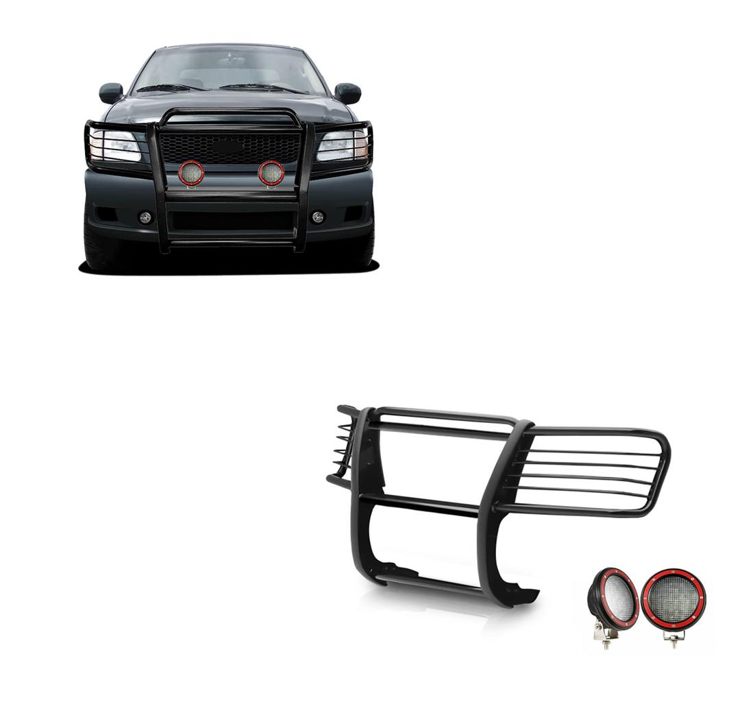 BLACK HORSE 17FP27MA-PLFR Grille brush Bumper Guard Modular Black Come With Pair of 5.3 INCHLED Lights with Red Trim Rings Compatible with 1999-2002 Expedition|1999-2004 F-150|1999-2007 F-250 Super Duty - The Twister Group Tools product
