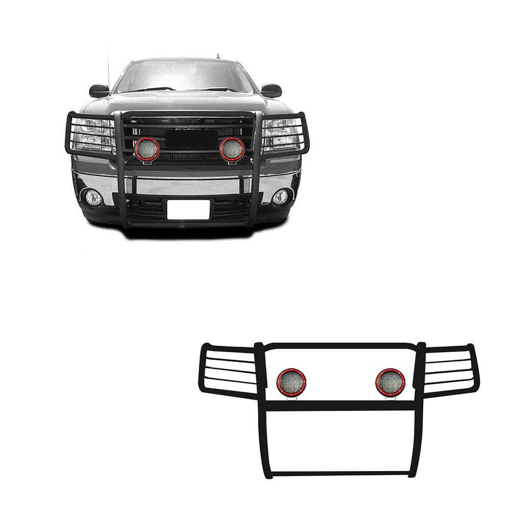 BLACK HORSE 17GS10MA-PLFR Grille brush Bumper Guard Modular Black Come With Pair of 5.3 INCH Dia.LED Lights with Red Trim Rings Compatible with 2007-2013 GMC Sierra 1500 - The Twister Group Tools product
