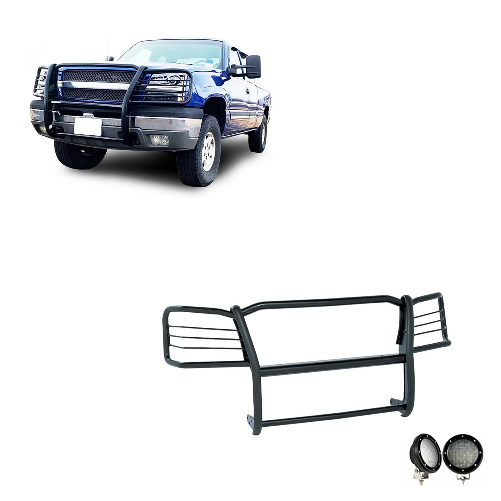 BLACK HORSE 17GT25MA-PLFB Grille brush Bumper Guard Modular Black Come with Pair of 5.3 INCHLED Lights with Black Trim Rings Compatible with 2003-2006 Silverado 1500|2007 Silverado 1500 HD Classic - High quality product image showing BLACK HORSE 17GT25MA-PLFB Grille brush Bumper Guard Modular Black Come with Pair of 5.3 INCHLED Lights with Black Trim Rings Compatible with 2003-2006 Silverado 1500|2007 Silverado 1500 HD Classic details and features