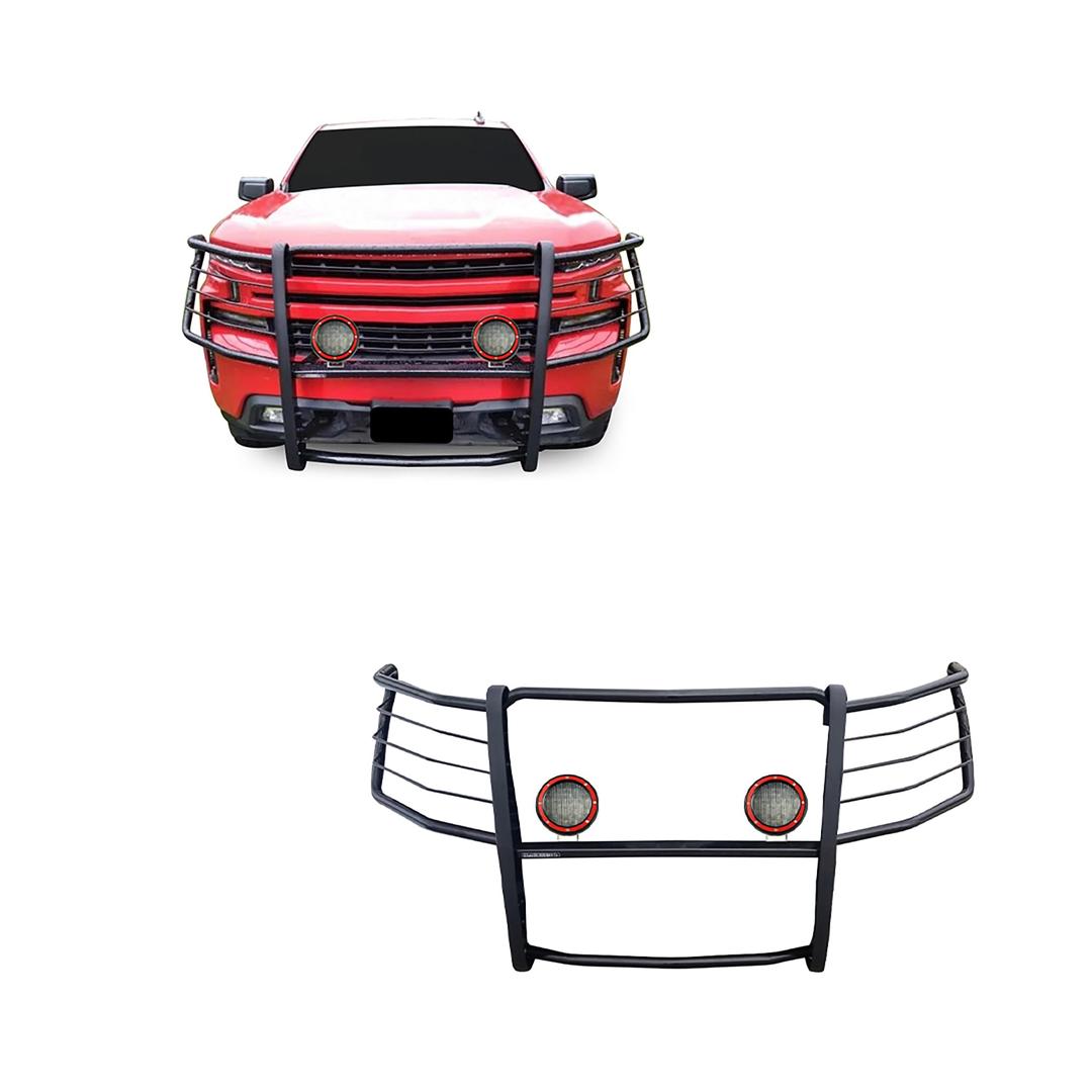 BLACK HORSE 17GT29MA-PLFR Grille brush Bumper Guard Modular Black Come With Pair of 5.3 INCH Dia.LED Lights with Red Trim Rings Compatible with 2019-2021 Silverado 1500|2022-2022 Silverado 1500 LTD - The Twister Group Tools product
