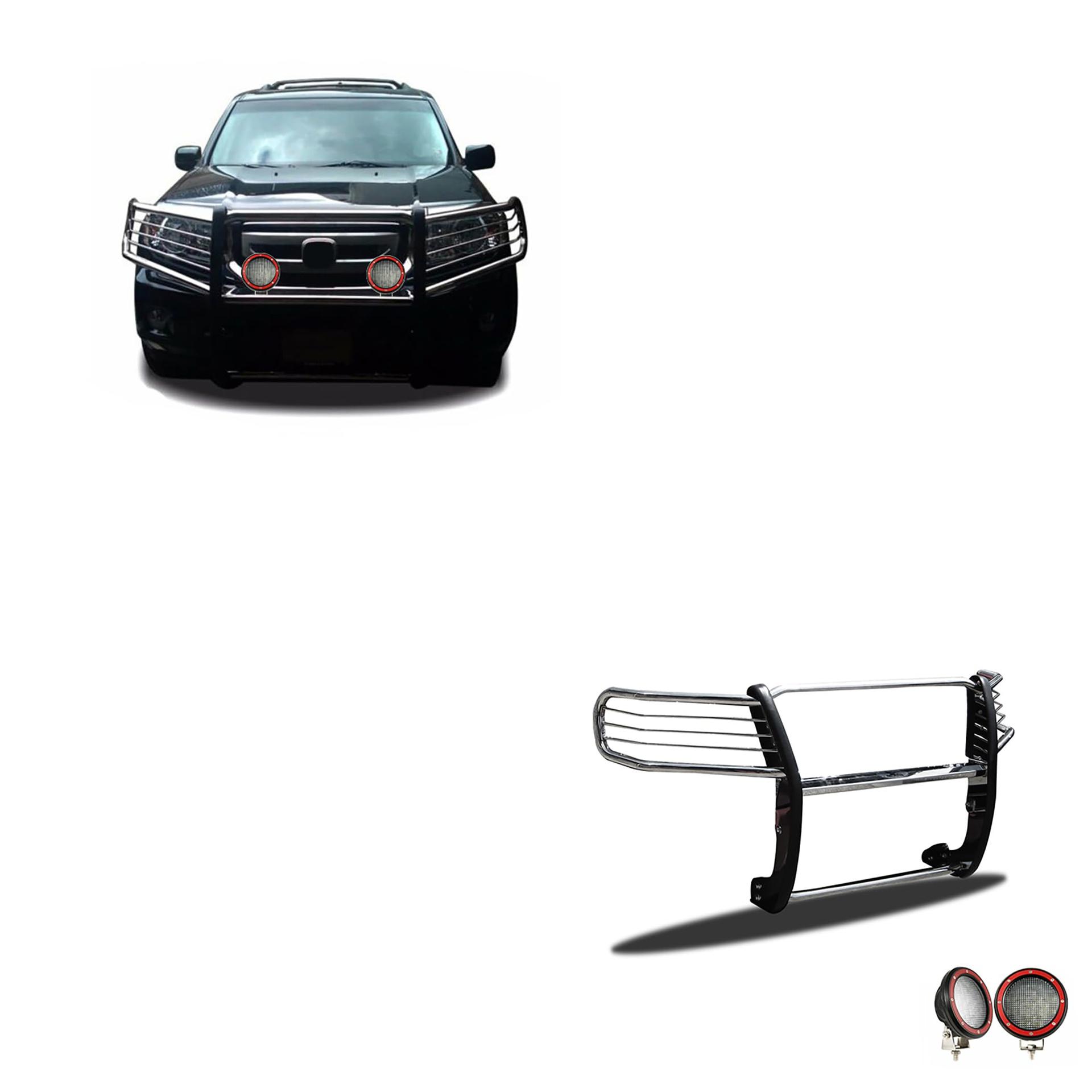 BLACK HORSE 17H151402MSS-PLFR Grille brush Bumper Guard Modular Stainless Steel Come With Pair of 5.3 INCH Dia.LED Lights with Red Trim Rings Compatible with 2016-2020 Honda Pilot - High quality product image showing BLACK HORSE 17H151402MSS-PLFR Grille brush Bumper Guard Modular Stainless Steel Come With Pair of 5.3 INCH Dia.LED Lights with Red Trim Rings Compatible with 2016-2020 Honda Pilot details and features