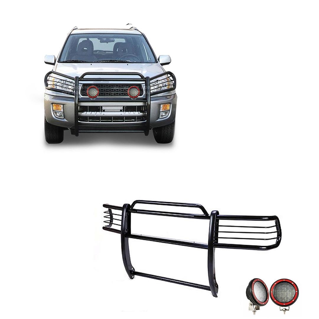 BLACK HORSE 17TH26MA-PLFR Grille brush Bumper Guard Modular Black Come With Pair of 5.3 INCH Dia.LED Lights with Red Trim Rings Compatible with 2001-2005 Toyota RAV4 - The Twister Group Tools product