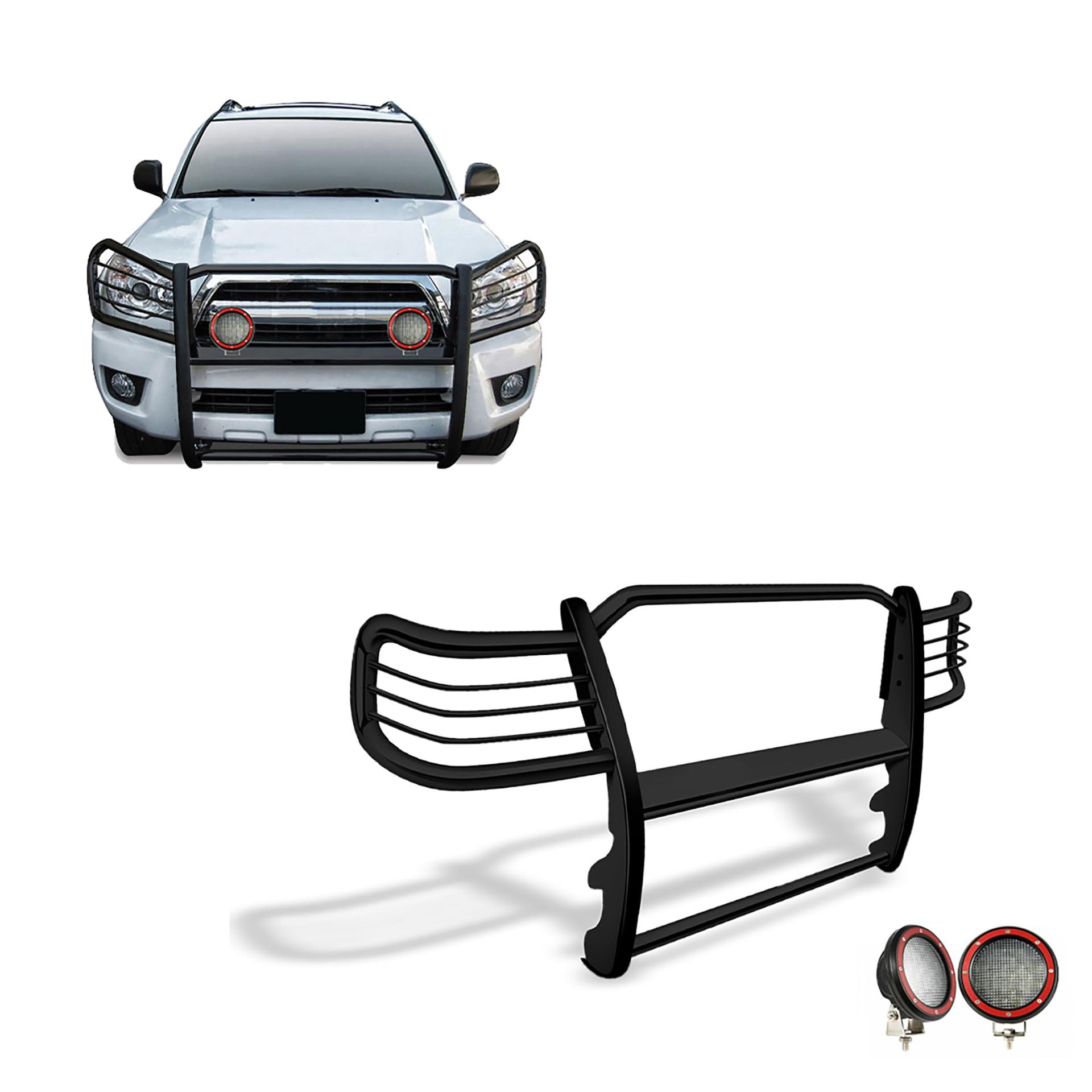 BLACK HORSE 17TU26MA-PLFR Grille brush Bumper Guard Modular Black Come With Pair of 5.3 INCH Dia.LED Lights with Red Trim Rings Compatible with 2003-2009 Lexus GX470|2003-2009 Toyota 4Runner - High quality product image showing BLACK HORSE 17TU26MA-PLFR Grille brush Bumper Guard Modular Black Come With Pair of 5.3 INCH Dia.LED Lights with Red Trim Rings Compatible with 2003-2009 Lexus GX470|2003-2009 Toyota 4Runner details and features
