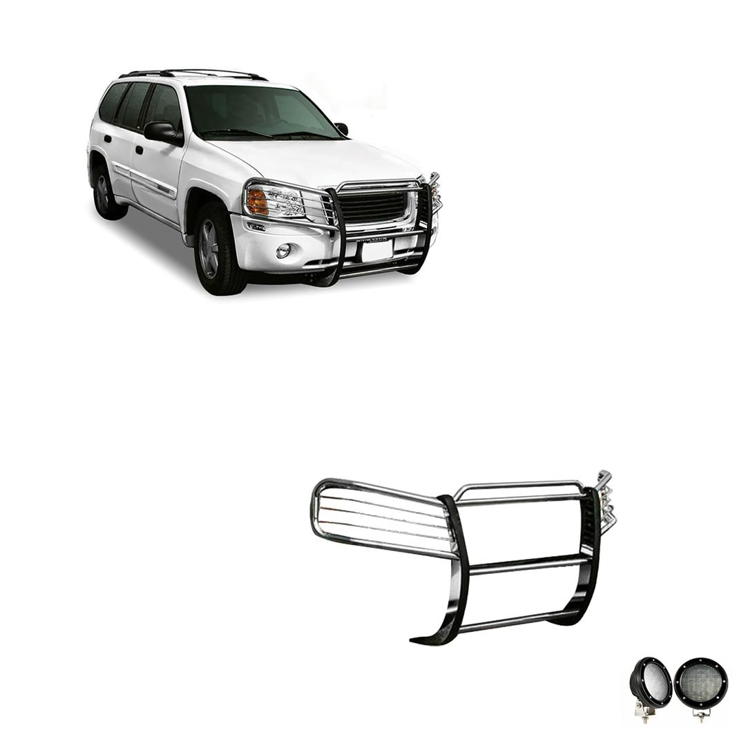 BLACK HORSE 17GD26MSS-PLFB Grille brush Bumper Guard Modular Stainless Steel Come with Pair of 5.3 INCH Dia.LED Lights with Black Trim Rings Compatible with 2002-2009 GMC Envoy - The Twister Group Tools product