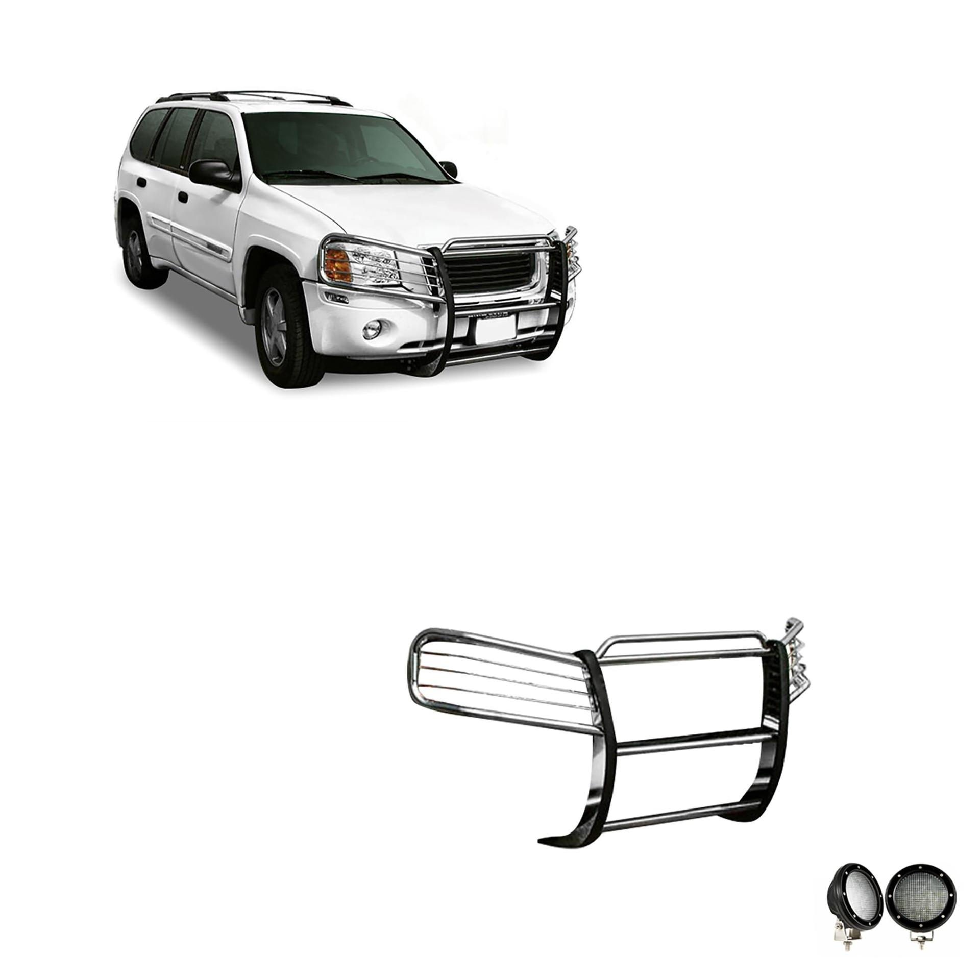 BLACK HORSE 17GD26MSS-PLFB Grille brush Bumper Guard Modular Stainless Steel Come with Pair of 5.3 INCH Dia.LED Lights with Black Trim Rings Compatible with 2002-2009 GMC Envoy - High quality product image showing BLACK HORSE 17GD26MSS-PLFB Grille brush Bumper Guard Modular Stainless Steel Come with Pair of 5.3 INCH Dia.LED Lights with Black Trim Rings Compatible with 2002-2009 GMC Envoy details and features