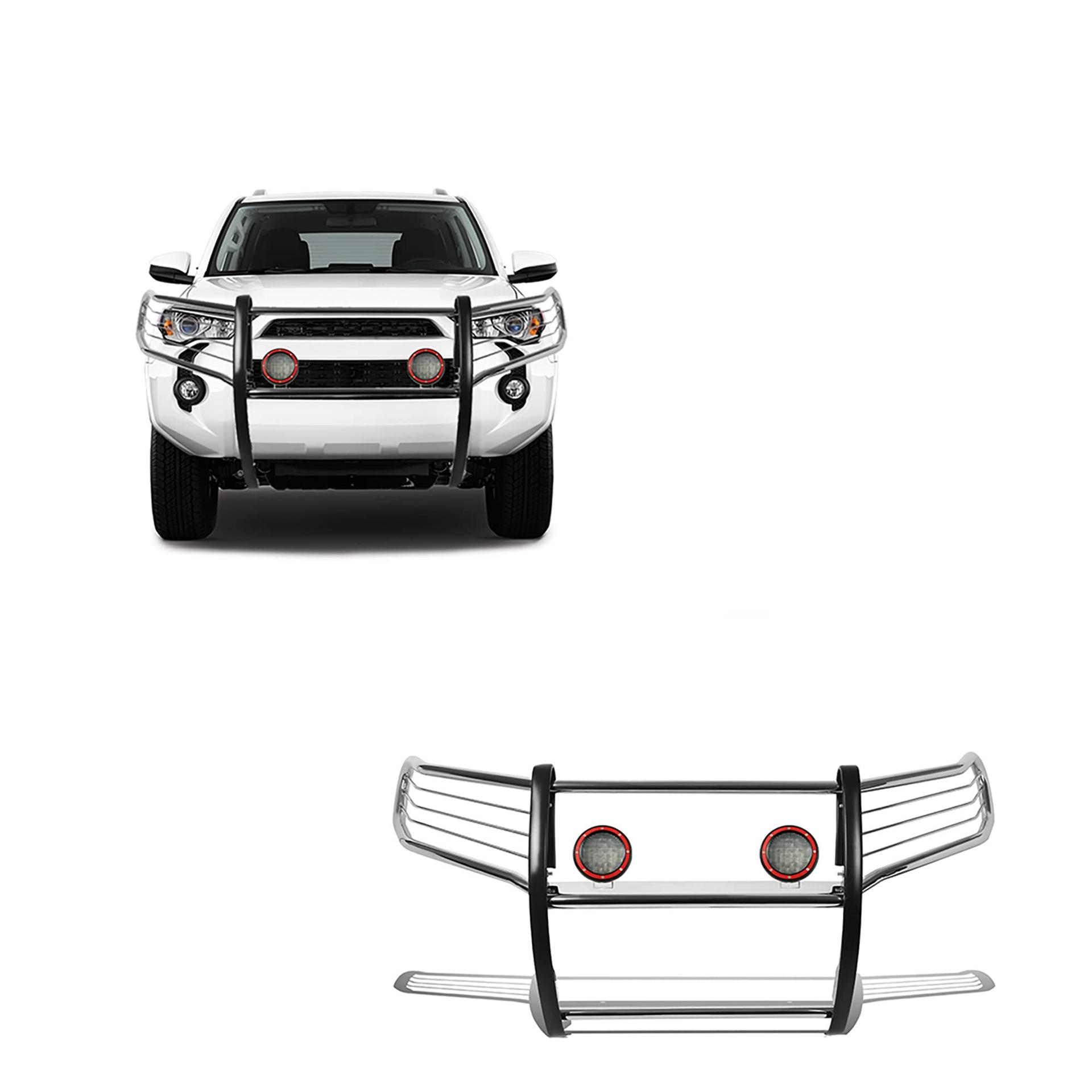 BLACK HORSE 17TU31MSS-PLFR Grille brush Bumper Guard Modular Stainless Steel Come With Pair of 5.3 INCH Dia.LED Lights with Red Trim Rings Compatible with 2010-2024 Toyota 4Runner - High quality product image showing BLACK HORSE 17TU31MSS-PLFR Grille brush Bumper Guard Modular Stainless Steel Come With Pair of 5.3 INCH Dia.LED Lights with Red Trim Rings Compatible with 2010-2024 Toyota 4Runner details and features
