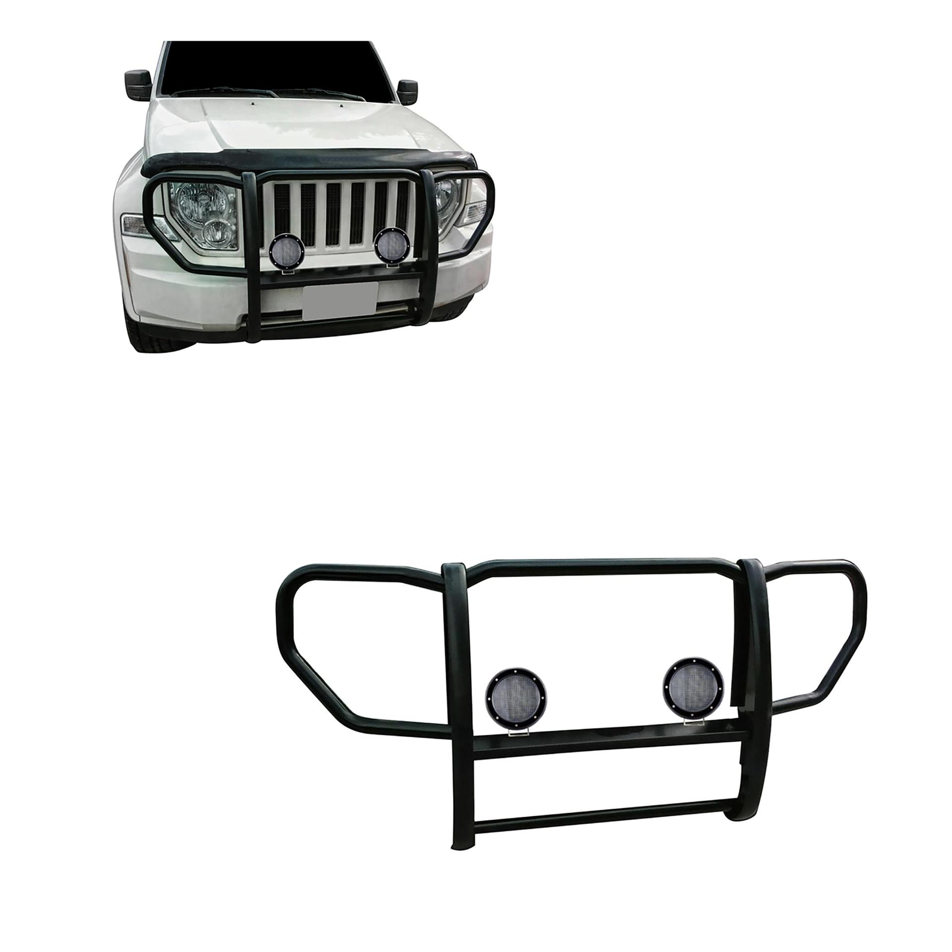 BLACK HORSE 17A086400A-PLFB Grille brush Bumper Guard 1-Piece Black Come with Pair of 5.3 INCH Dia.LED Lights with Black Trim Rings Compatible with 2008-2012 Jeep Liberty - High quality product image showing BLACK HORSE 17A086400A-PLFB Grille brush Bumper Guard 1-Piece Black Come with Pair of 5.3 INCH Dia.LED Lights with Black Trim Rings Compatible with 2008-2012 Jeep Liberty details and features